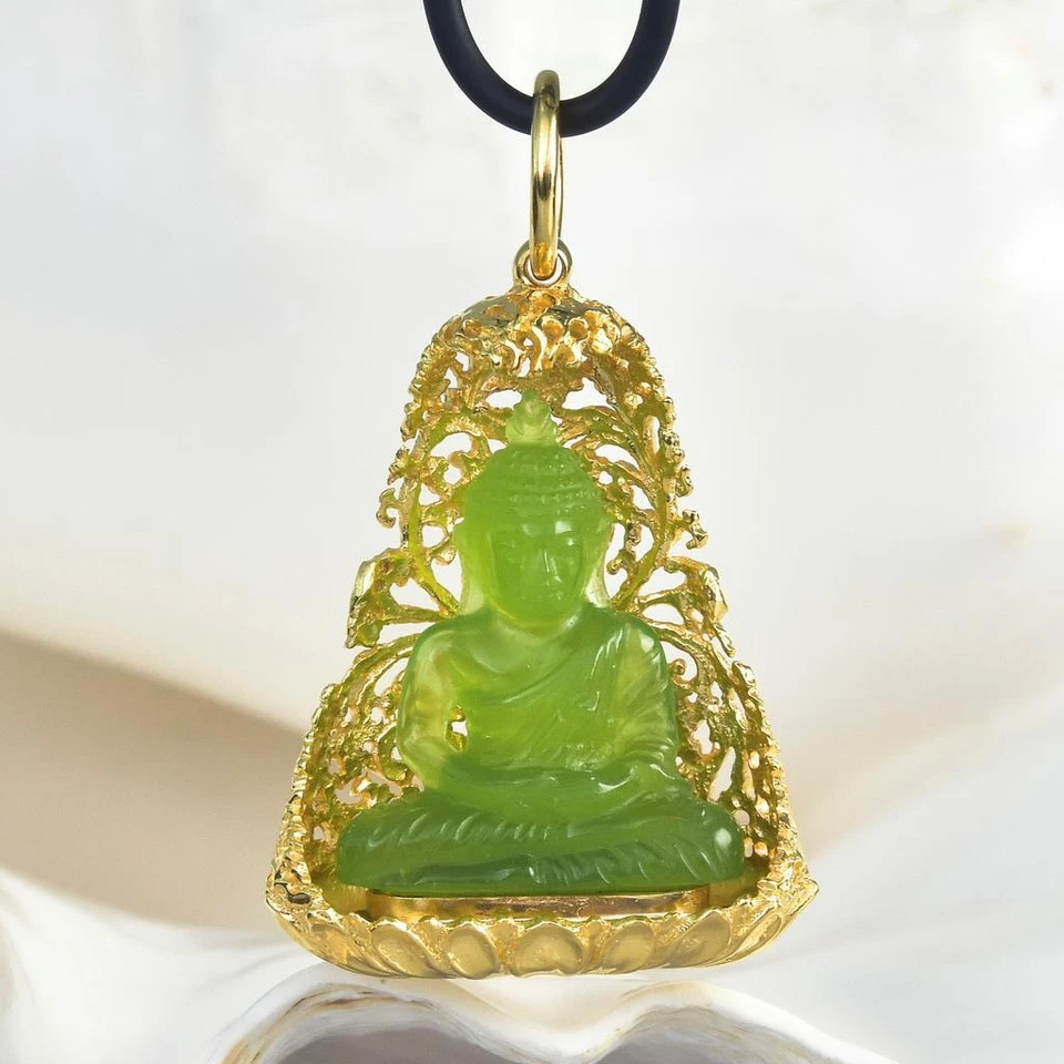 Buddha Image Gold Vermeil Sterling Bodhi Tree Green Chalcedony Pendant 13.48 g - Image 4 of 4