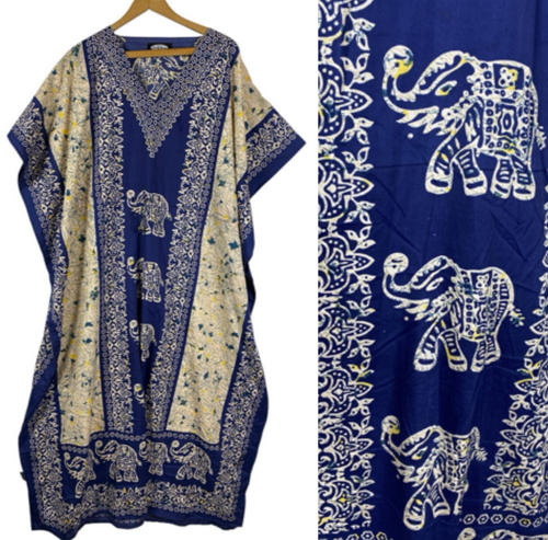 Shore Drive Kaftan Kimono One Piece Elephant Batik Artsy Art to Wear Blue Ethnic
