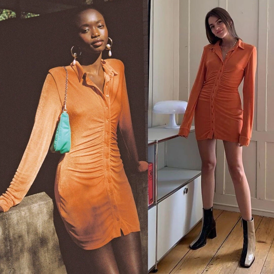 With Jean | Andy Dress Maple Ruched Front Slinky Knit Mini Shirt Dress  Orange XS | eBay