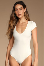 Free People Intimately Ready Or Not Bodysuit XS Ivory White Ribbed Short Sleeve