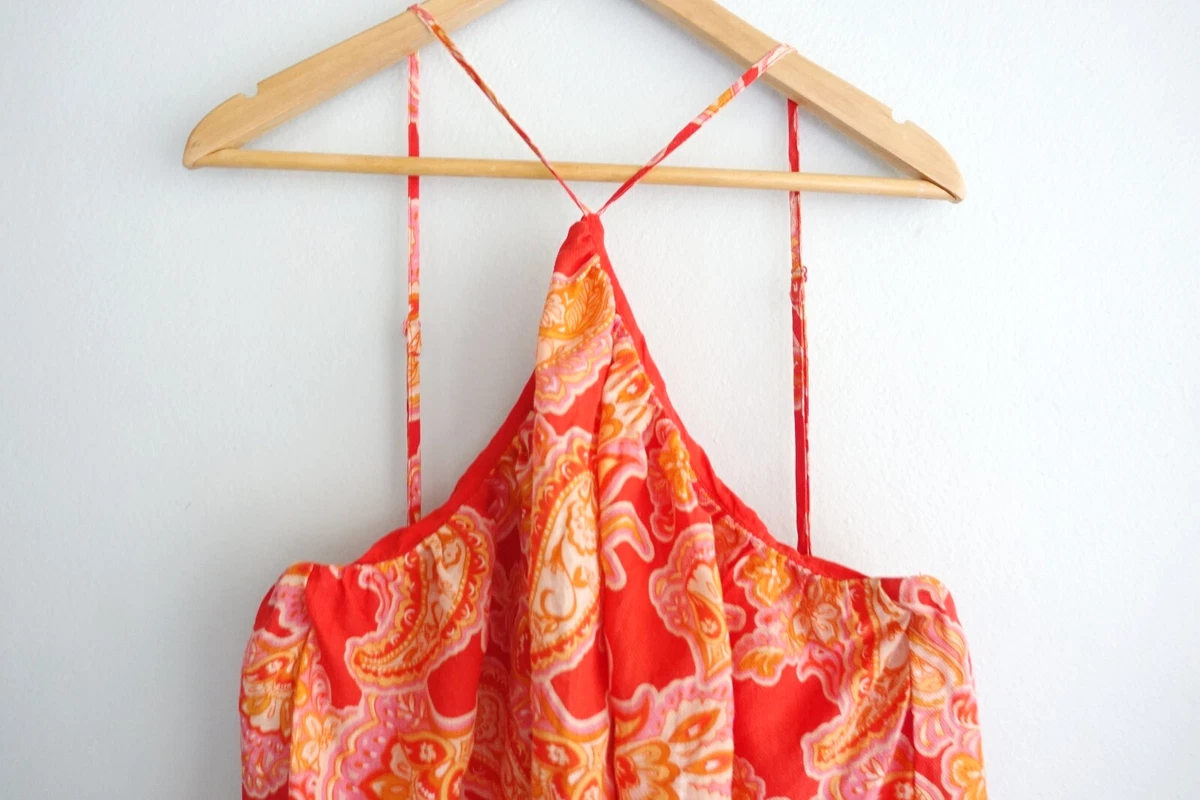 AERE Top Womens size 12 Red Orange Paisley Flowy Swing Ramie Coastal Resort Boho