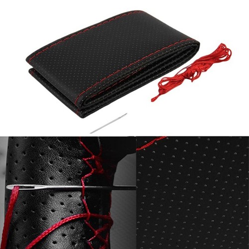 Black+Red PU Leather DIY Car Steering Wheel Cover 38cm With Needle And Threalo