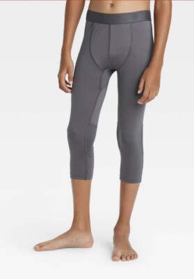 All In Motion Boys L Large Gray 3/4 Fitted Performance Base Layer Leggings New