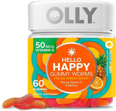 OLLY Hello Happy Gummy Worms, Mood Balance Support, Vitamin D, Saffron 60 Count