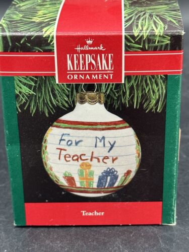 Ornement de Noël en verre poinçon souvenir « For My Teacher » vintage 1991  - Photo 1 sur 4
