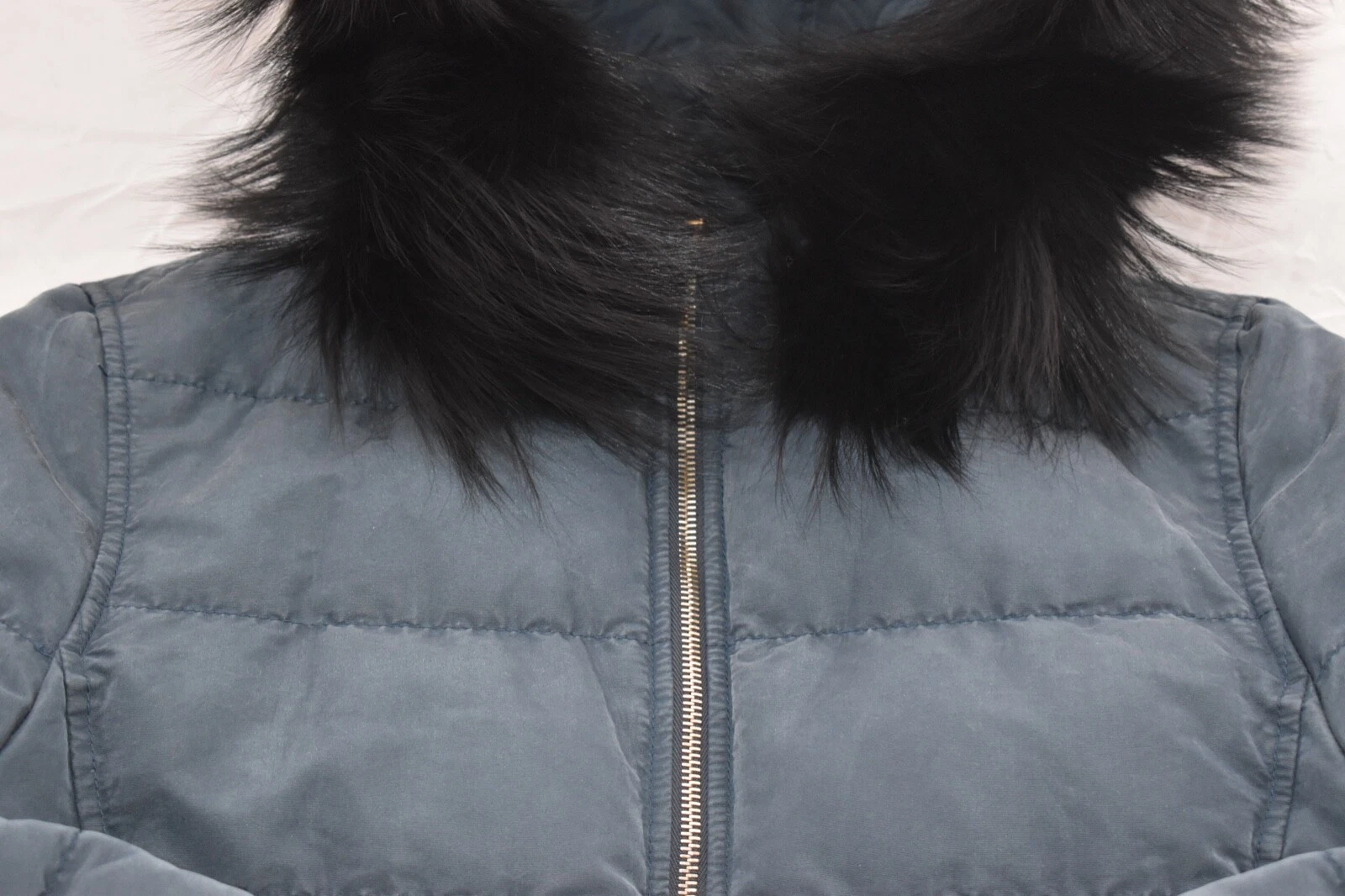 Giacca di seta Prada blu trapuntata cerniera nera pelliccia tinta donna IT42 UK10