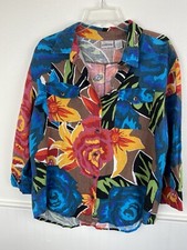 Chico's Size 2 - 100 Linen Blazer Button Tropical Top Floral Summer Spring