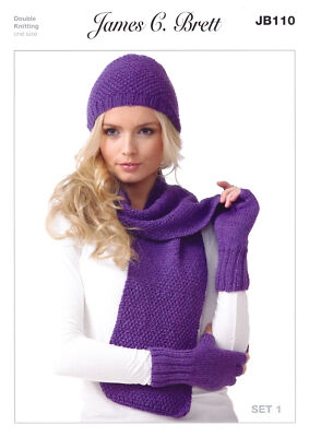 James Brett Double Knitting Pattern Ladies Hat Scarf Fingerless
