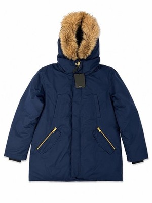 Mackage Navy Hooded Parka Jacket Mid-Length Fur Trim Zip Button Casual 48
