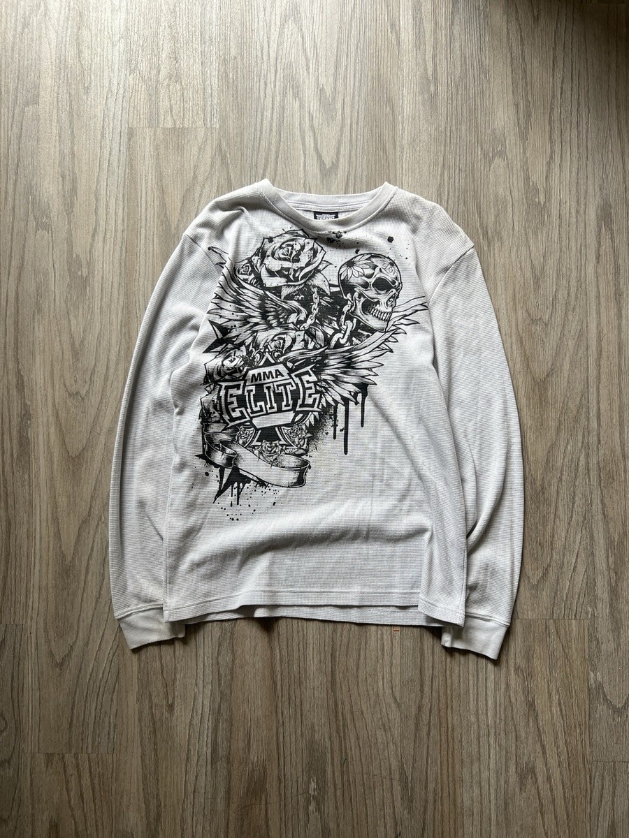 Vintage Y2K MMA Elite Shirt Mens XL Gray Skull Thermal Long Sleeve