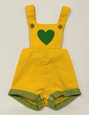 Vtg Bib Overall Shortalls Romper Yellow Appliqu Heart Infant Size 6-9 Months