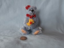 2001 VINTAGE 4" WORLD OF MINIATURE BEARS BY THERESA BLUE MOHAIR HOLDING DUCK