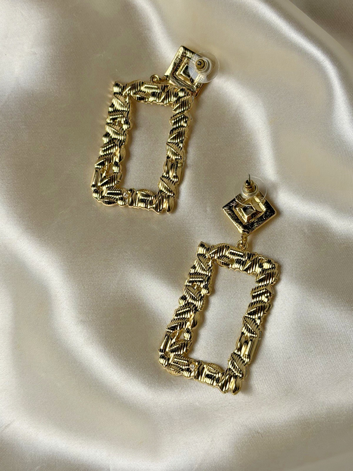 Gold Tone Rectangular Rhinestone Drop Earrings – … - image 16