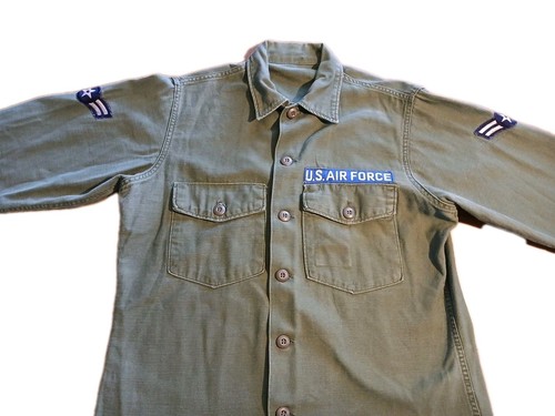 Vintage US Air Force OG-107 Utility Sateen Button Up Shirt Size Large USA 70s - Picture 2 of 8
