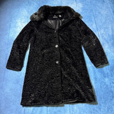 Y2K Valerie Stevens Black Faux Fur Textured Long Coat Jacket Women L
