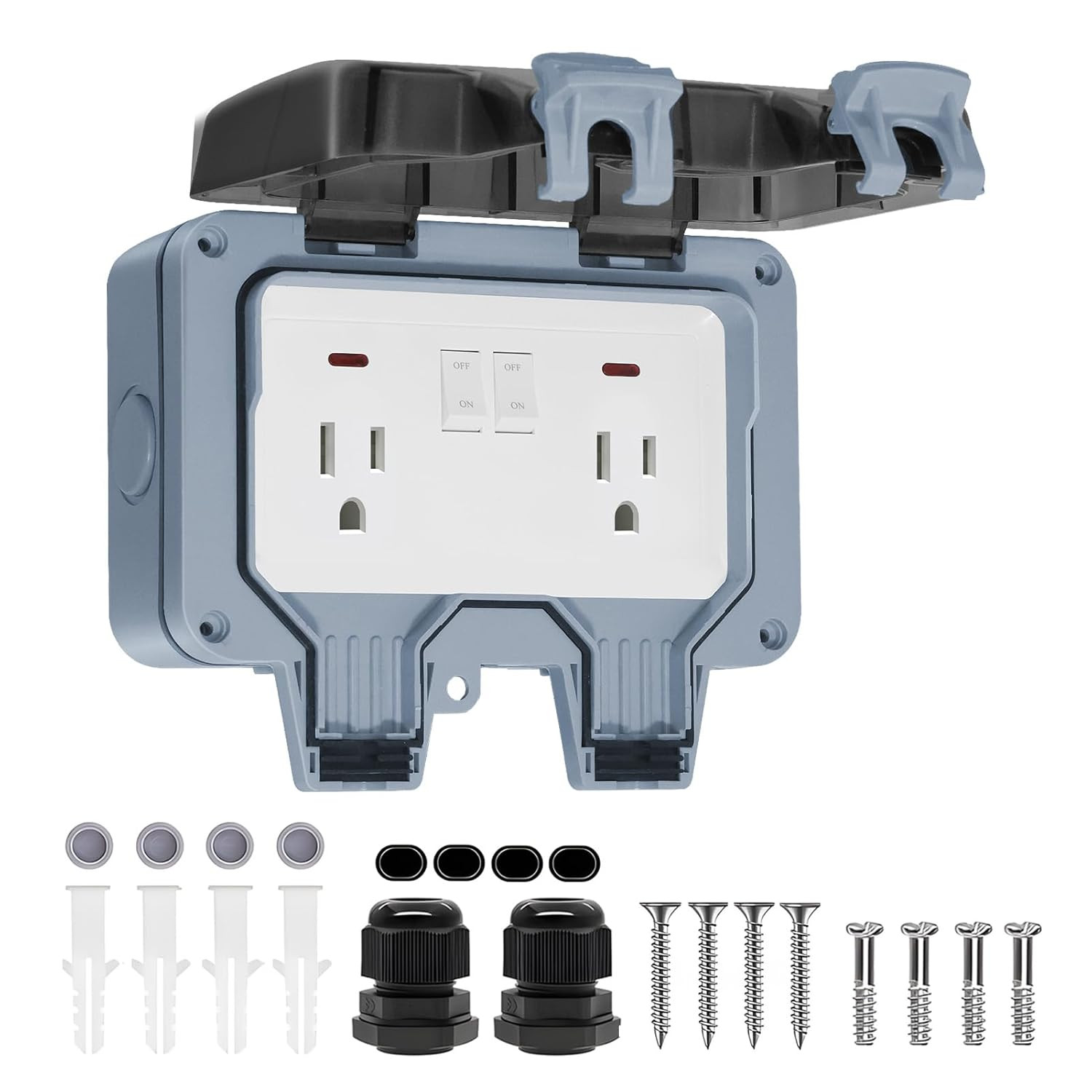Outdoor Outlet Box with LED Indicator, Dual 15 AMP 5-15 Receptacle IP66 Waterpro