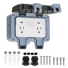 Outdoor Outlet Box with LED Indicator, Dual 15 AMP 5-15 Receptacle IP66 Waterpro