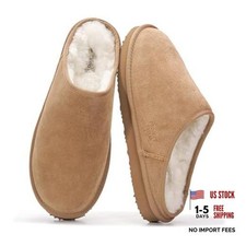Men's 100 Genuine Leather Shearling Memory Foam Slippers 9.5 Chestnut Suede