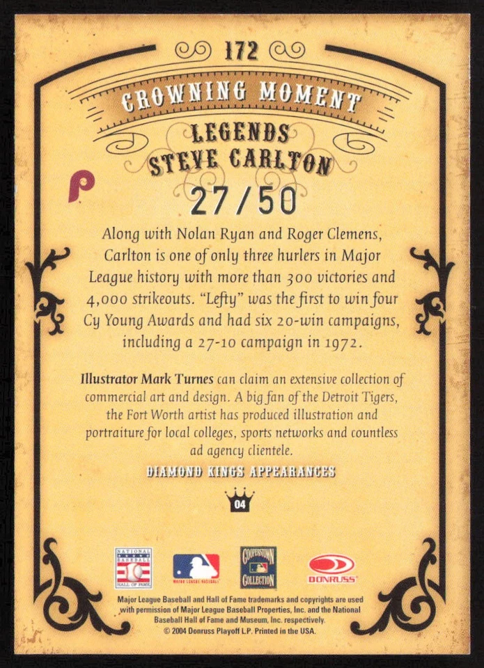 2004 Donruss Diamond Kings Materials Silver /50 Steve Carlton #172 Phillies - Image 2 of 2