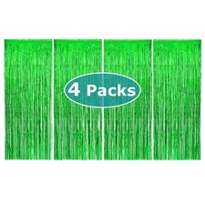 4 Pack Green Metallic Tinsel Curtain Photo Backdrop, 3.3x8.2 FT Streamer Decor