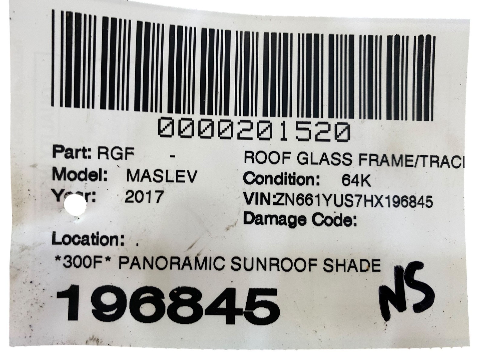 2017-2024 MASERATI LEVANTE M161 PANORAMIC SUNROOF SHADE GLASS | DARK GRAY (RDG)