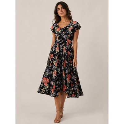 Vintage 90s Boutique Europa Floral Button Front Midi Dress Black Pink Womens 12