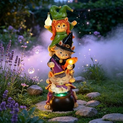 Stacked Wizard Cat Solar Statue, 3 LED Hand-Painted Resin Witch Cat Figurine ...