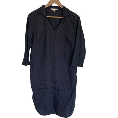 BECASA Women's Dark Slate V-Neck Cotton Linen Tunic Dress Size Small Minimalist