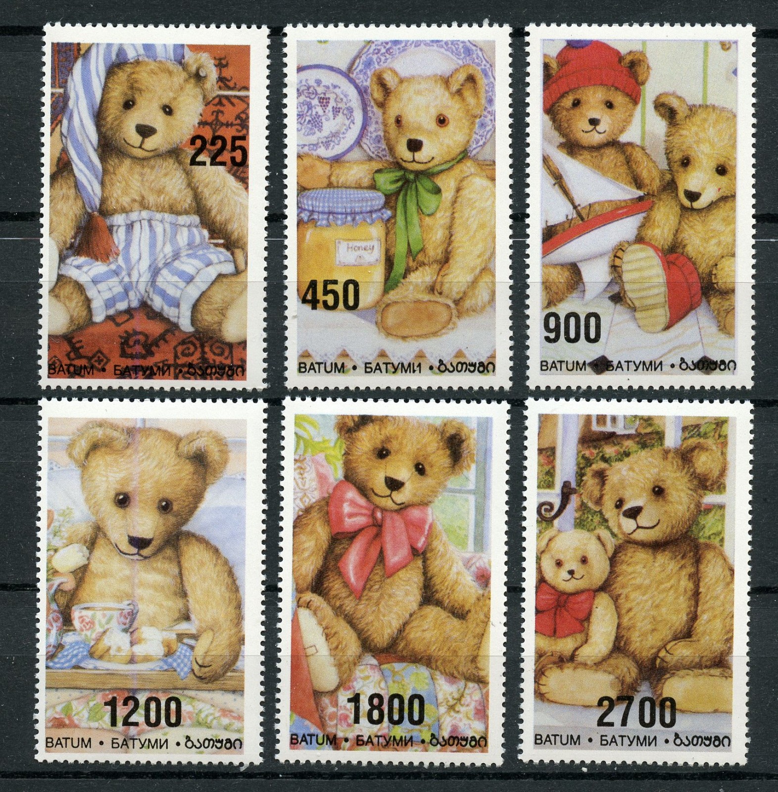 Teddy Bears set of 6 MNH Cinderella Stamps