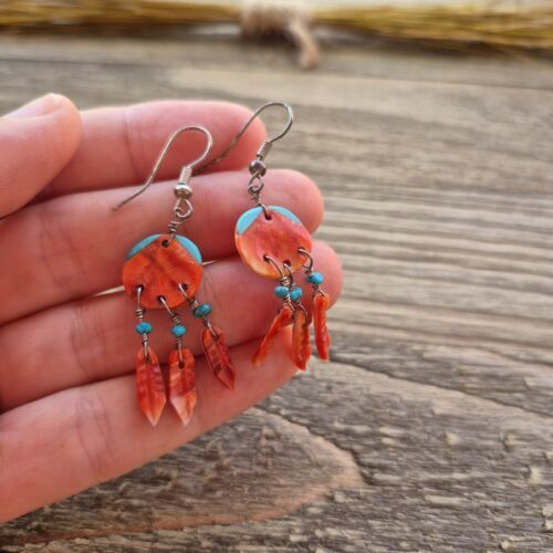 Native American Red Spiney Oyster & Turquoise Dreamcatcher Earrings - Picture 3 of 11