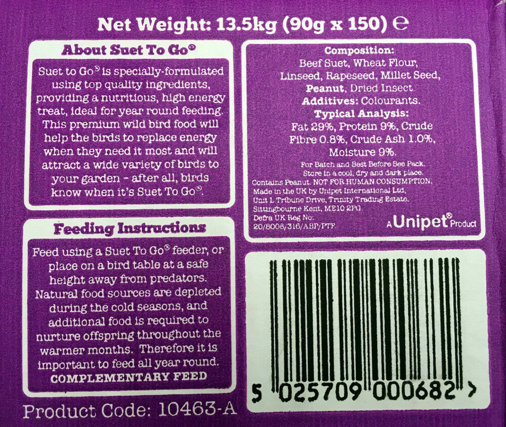 Suet To Go Insect And Seed Suet Fat Balls Wild Bird X150 Box High