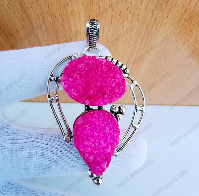 Natural Pink Druzy gemstone Handmade Unic Design Pendant 925 Jewelry 2.67 