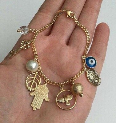 14k Gold Plated Hamsa,Eye,Key,Guadalupe Bracelet 7.25''  / Pulsera de Suerte-B19