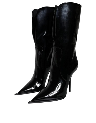 Dolce&Gabbana Women Black Mid-Calf Boots PU Leather Stiletto High Heel Booties - Picture 3 of 8