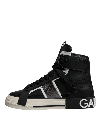 Dolce&Gabbana Men Black Sneakers 100% Leather High Top Trainer Shoes Sz EUR 39.5 - Picture 6 of 8