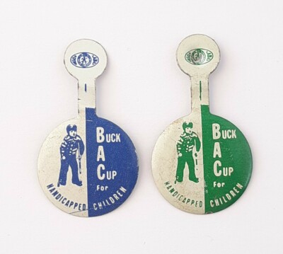 2 Vintage Easter Seals Buck A Cup For Handicapped Children Fold Over Lapel Pins