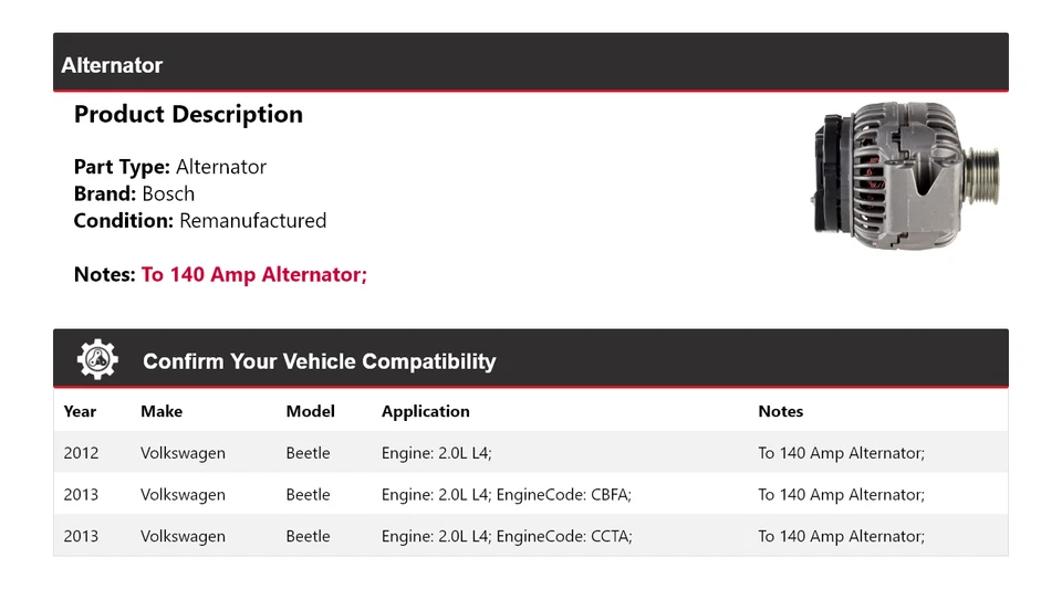 Alternador Bosch para Volkswagen Beetle 2012-2013 2,0 L L4 (remanufacturado) Foto 2 de 4
