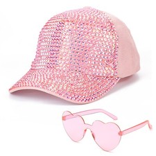 Bling Studded Shiny Rhinestones Crystals Baseball Cap, Sparkle Adjustable Pon...