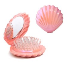 Foldable Travel Hair Brushes with Mirror Shell Shape Portable Folding Pink