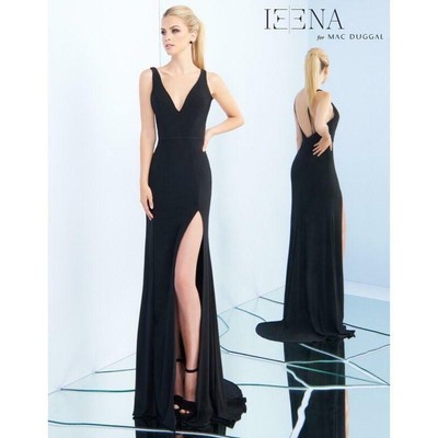 mac duggal plunge neck slit jersey gown