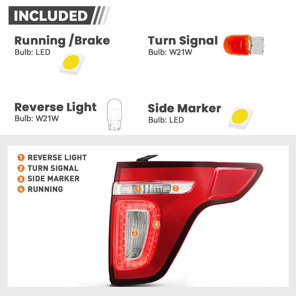 LED Tail Light For 2011-2015 Ford Explorer Red Clear With Bulbs Passenger Side - Image 4 of 4
