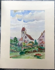 Hoffmann - Aquarell Bodman-Ludwigshafen Bodensee Kirche Bayern Selten Antik