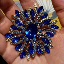 Large Sparkly Navy Blue Glass Boho Chic Floral Brooch Pin 