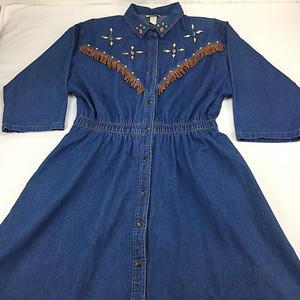 Ideas-Womens-Plus-Size-3X-Western-Style-Denim-Dress-Embellished-Studded-Fringe