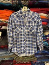 Vintage Montgomery Ward Shirt Mens Large Blue Plaid Flannel Button Front 70s