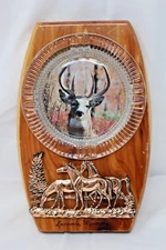 VTG Laramie, Wyoming Souvenir Wood, Rose Gold Tone Horses/8ptBuck Glass Ashtray!