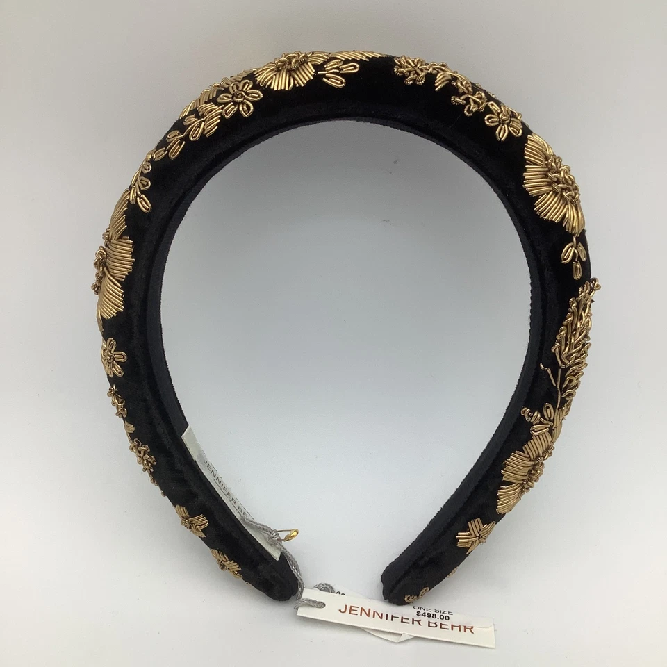 Faixa de cabeça Jennifer Behr Renata veludo preto dourado floral enfeitada tamanho único nova com etiquetas - Imagem 2 de 4