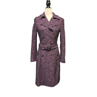 Burberry London Belted Tweed Coat Purple Double Breasted Cotton Blend UK 6 US 4