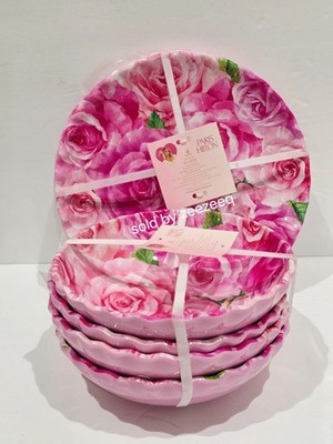 Paris Hilton Pink Scalloped Floral Melamine 9'' Salad Plates & Bowls 8pc