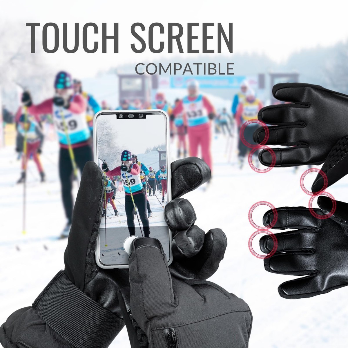 devembr Drievinger Ski Handschoenen met Polsbescherming, Drievinger Touchscreen Snowboardhandschoenen, Zwart, M